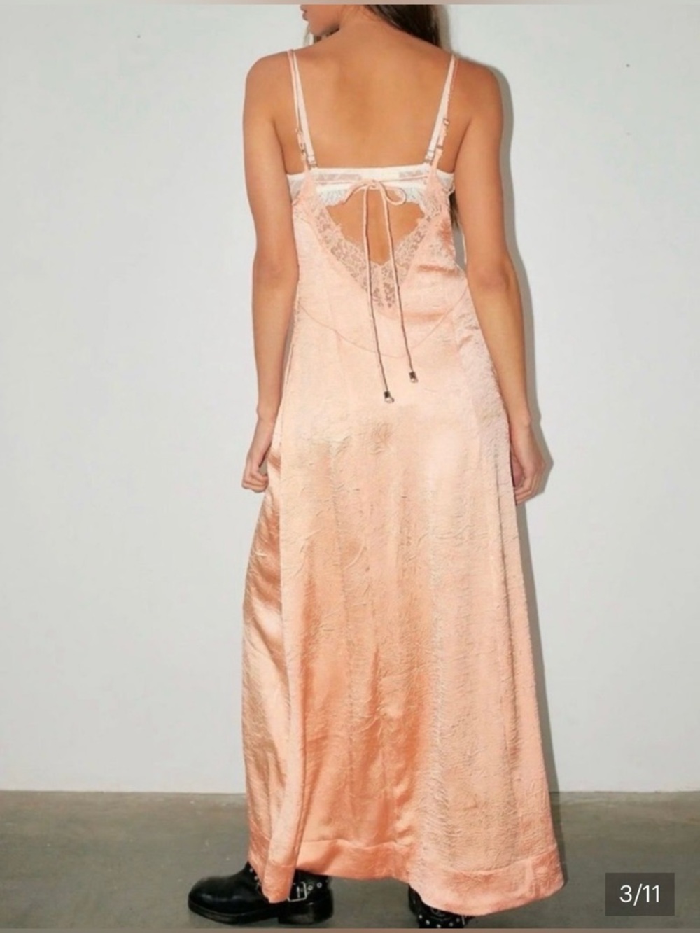 Free People Maybe Forever Maxi Dress Lace Trim Crinkle Satin Peach Size 6 - Picture 3 of 9